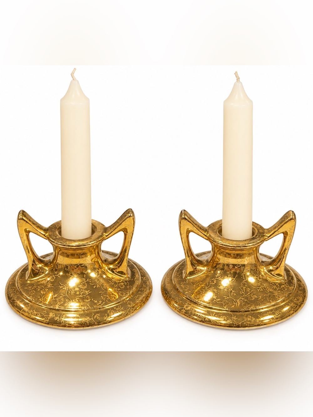22 K Gold Plated Vintage Ceramic Double-Handled Candle Holders